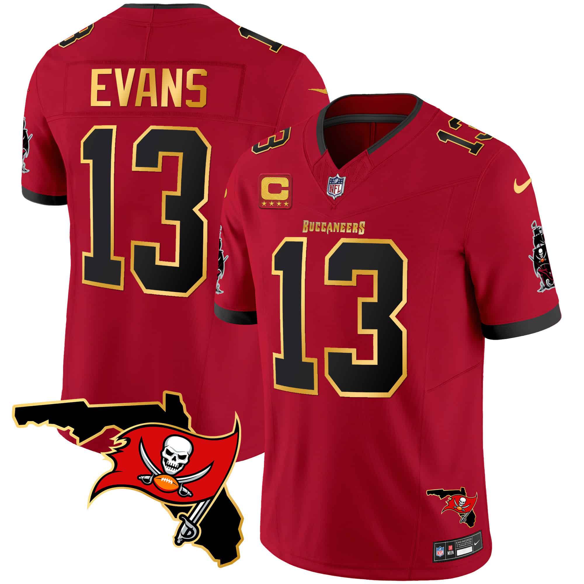 Men Tampa Bay Buccaneers 13 Evans Red 2024 Nike Florida Patch Gold Trim Vapor NFL Jersey style 1